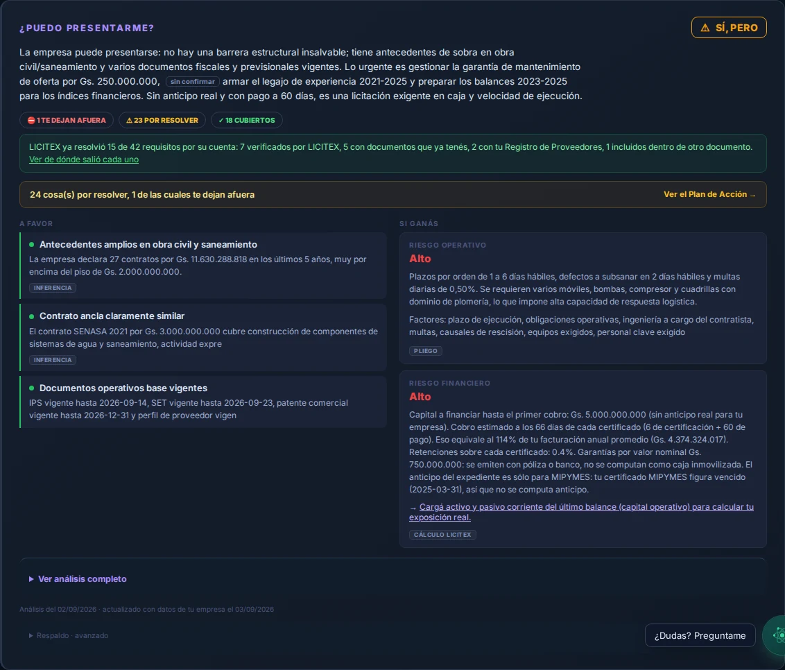 Agente de LICITEX con veredicto, bloqueantes, pendientes y riesgos